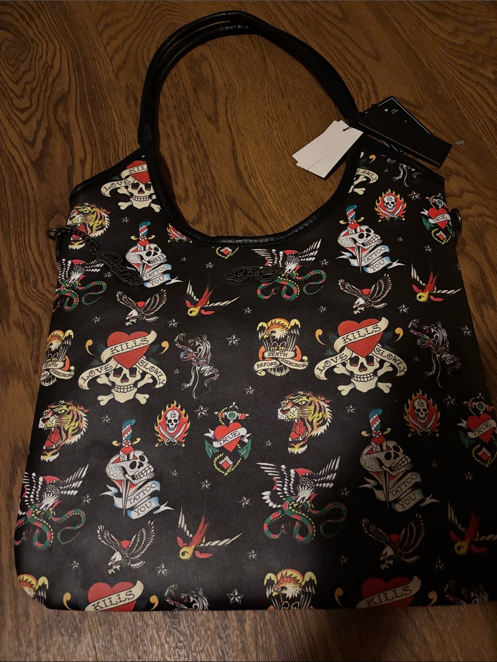 Ed Hardy Black Shoulder Bag with Multicolor Tattoo Print